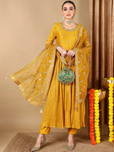 Women Yellow Silk Blend Solid Embroidered Kurta Trouser With Dupatta-PKSKD2058